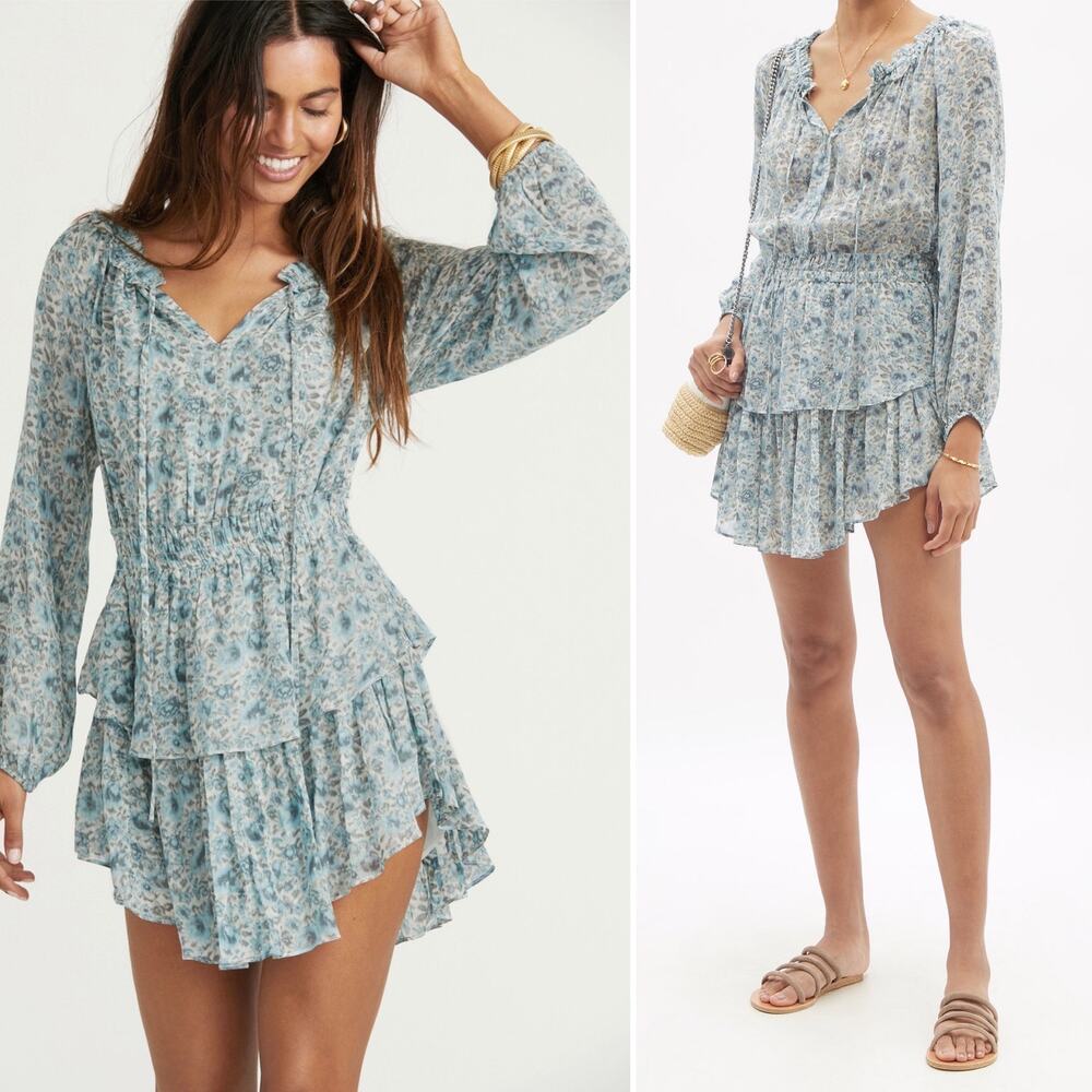 LoveShackFancy Popover Dress Blue Floral Ruffle Tiered Long Sleeve Mini Small